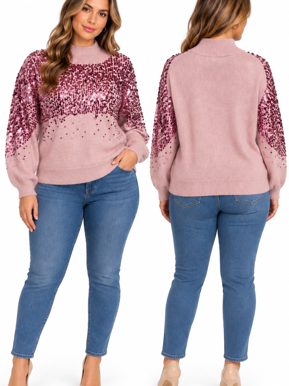 BCBG Pink Sequin Embellished Mock Neck Sweater Size L NWT
